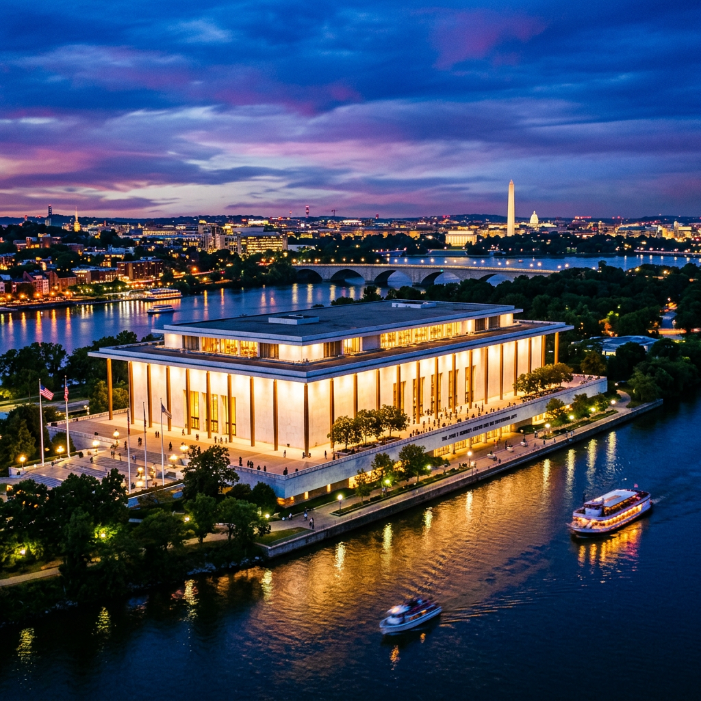 Kennedy Center beside the Potomac River with Washington Monument beyond