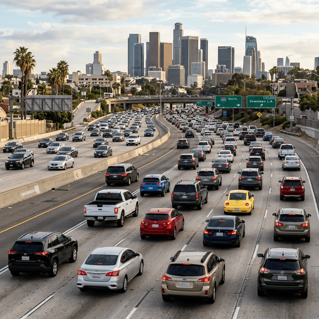 Heavy traffic on I-405 South toward Downtown Los Angeles